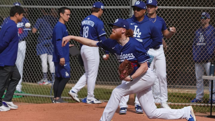Feb 11, 2025; Glendale, AZ, USA; Los Angeles Dodgers pitcher Dustin May (85) throws in the bullpen during spring training camp. Mandatory Credit: Rick Scuteri-Imagn Images