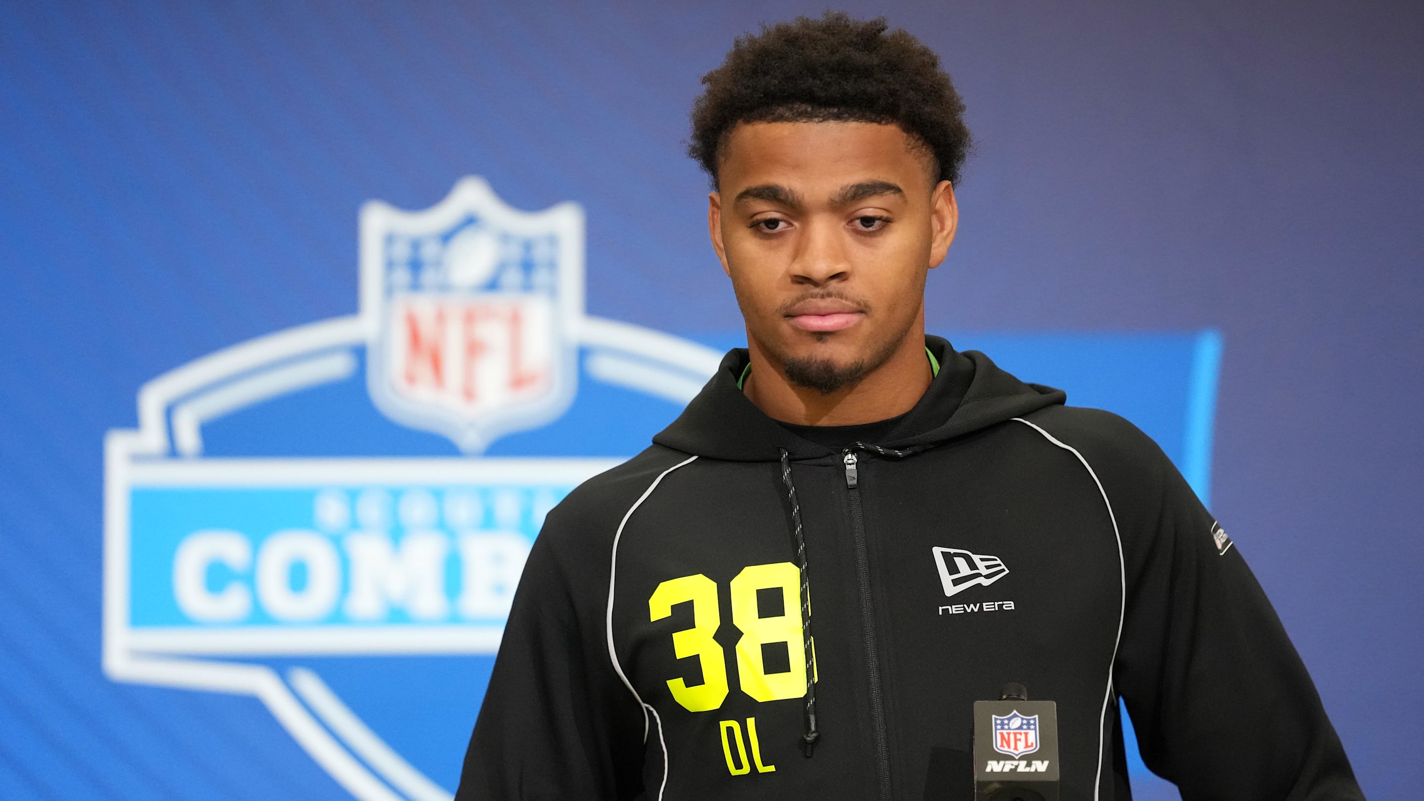 Feb 25, 2026; Indianapolis, IN, USA; Auburn defensive lineman Keldric Faulk (DL38) speaks during the NFL Scouting Combine at the Indiana Convention Center. Mandatory Credit: Kirby Lee-Imagn Images