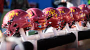 Nov 9, 2024; Kansas City, Missouri, USA; Iowa State Cyclones helmets on the bench during the first quarter against the Kansas Jayhawks at GEHA Field at Arrowhead Stadium. Mandatory Credit: William Purnell-Imagn Images
