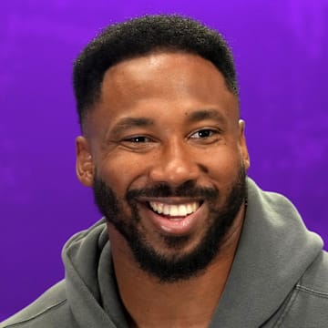 Cleveland Browns defensive end Myles Garrett speaks to media at Radio Row ahead of Super Bowl LIX.