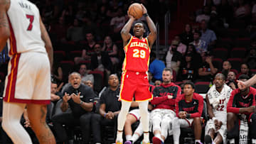 Oct 16, 2024; Miami, Florida, USA; Atlanta Hawks guard Daeqwon Plowden (29) takes a three-point shot against the Miami Heat in the second half at Kaseya Center. Mandatory Credit: Jim Rassol-Imagn Images