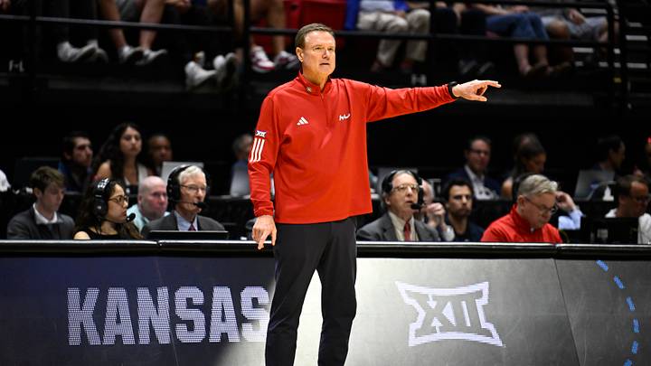 Mar 20, 2026; San Diego, CA, USA; Kansas Jayhawks head coach Bill Self looks on in the first half against the California Baptist Lancers during a first round game of the men's 2026 NCAA Tournament at Viejas Arena. Mandatory Credit: Denis Poroy-Imagn Images