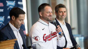 Nov 10, 2023; Cleveland, OH, USA;  Cleveland Guardians manager Stephen Vogt, middle, and president of baseball operations Chris Antonetti, left, and general manager Mike Chernoff, right, talk to the media during an introductory press conference at Progressive Field. Mandatory Credit: Ken Blaze-USA TODAY Sports
