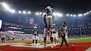Kansas State running back Dylan Edwards (3) celebrates the go-ahead touchdown against Rutgers during the second half of the Rate Bowl at Chase Field on Dec. 26, 2024, in Phoenix.