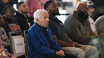 Mar 13, 2025; Foxborough, MA, USA; New England Patriots owner Robert Kraft sits in the audience listening to speakers at a press conference at the GP Atrium at Gillette Stadium. Mandatory Credit: Eric Canha-Imagn Images