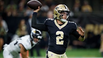 Aug 17, 2025; New Orleans, Louisiana, USA; New Orleans Saints quarterback Spencer Rattler (2) throws against the Jacksonville Jaguars during the second half at Caesars Superdome. Mandatory Credit: Matthew Hinton-Imagn Images
