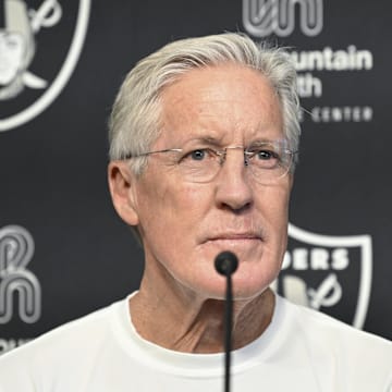 Las Vegas Raiders head coach Pete Carroll at a news conference introducing Ashton Jeanty.