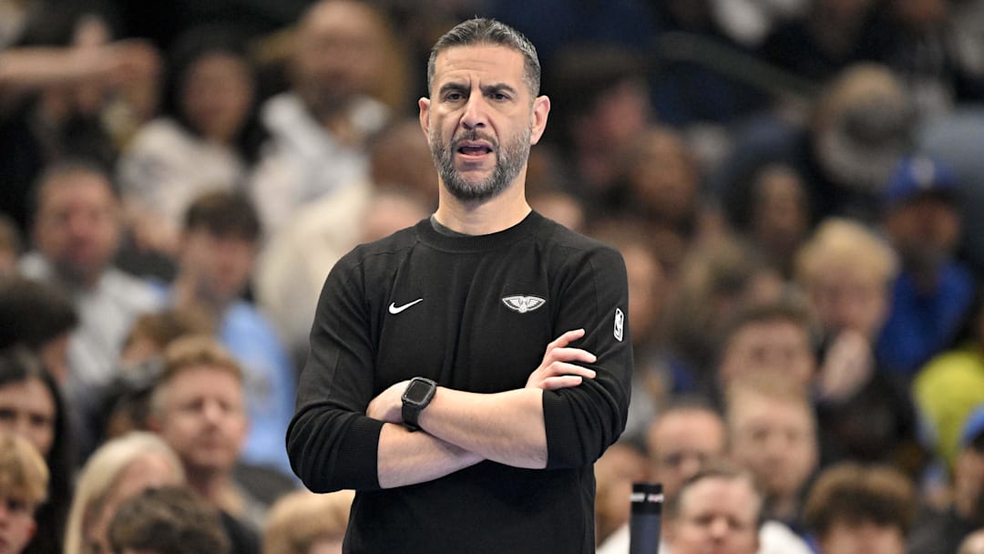 Nov 21, 2025; Dallas, Texas, USA; New Orleans Pelicans head coach James Borrego looks on during the first quarter against the Dallas Mavericks at the American Airlines Center. Mandatory Credit: Jerome Miron-Imagn Images
