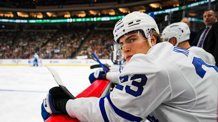Nov 3, 2024; Saint Paul, Minnesota, USA; Toronto Maple Leafs left wing Matthew Knies (23) looks on during a game between the Minnesota Wild and Toronto Maple Leafs at Xcel Energy Center. Mandatory Credit: Brace Hemmelgarn-Imagn Images