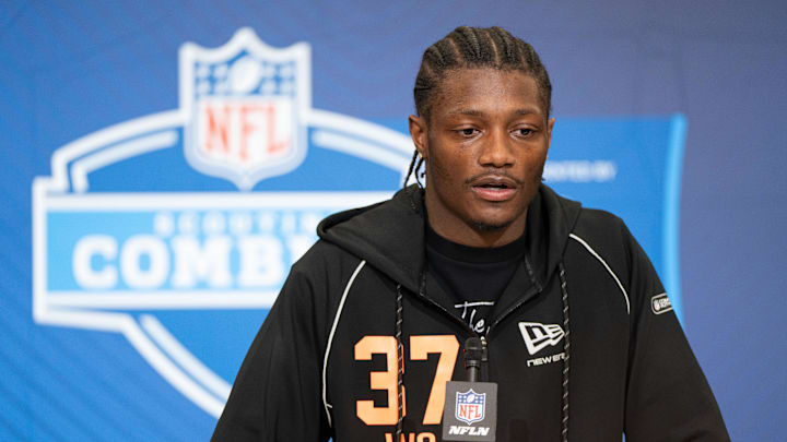 Ohio State wideout Carnell Tate (WO37) speaks to members of the media during the NFL Combine at the Indiana Convention Center.