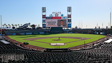 Oct 1, 2024; San Francisco, CA, USA; A general view of the video scoreboard at Oracle Park before a press conference to introduce new president of baseball operations Buster Posey.  Mandatory Credit: Robert Edwards-Imagn Images