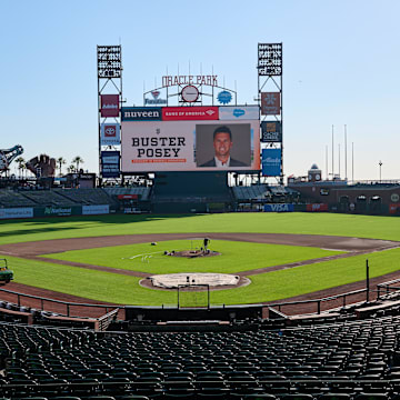 Oct 1, 2024; San Francisco, CA, USA; A general view of the video scoreboard at Oracle Park before a press conference to introduce new president of baseball operations Buster Posey.  Mandatory Credit: Robert Edwards-Imagn Images