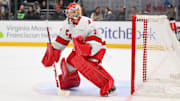 Oct 26, 2024; Seattle, Washington, USA; Carolina Hurricanes goaltender Frederik Andersen (31) defends the goal during the first period against the Seattle Kraken at Climate Pledge Arena. Mandatory Credit: Steven Bisig-Imagn Images