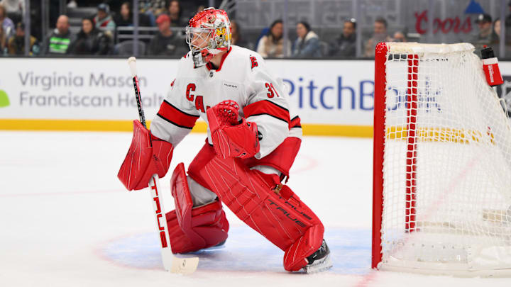 Oct 26, 2024; Seattle, Washington, USA; Carolina Hurricanes goaltender Frederik Andersen (31) defends the goal during the first period against the Seattle Kraken at Climate Pledge Arena. Mandatory Credit: Steven Bisig-Imagn Images