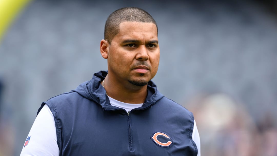 Aug 26, 2023; Chicago, Illinois, USA; Chicago Bears general manager Ryan Poles looks on before a game against the Buffalo Bills at Soldier Field. Mandatory Credit: Daniel Bartel-USA TODAY Sports