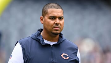 Aug 26, 2023; Chicago, Illinois, USA; Chicago Bears general manager Ryan Poles looks on before a game against the Buffalo Bills at Soldier Field. Mandatory Credit: Daniel Bartel-Imagn Images