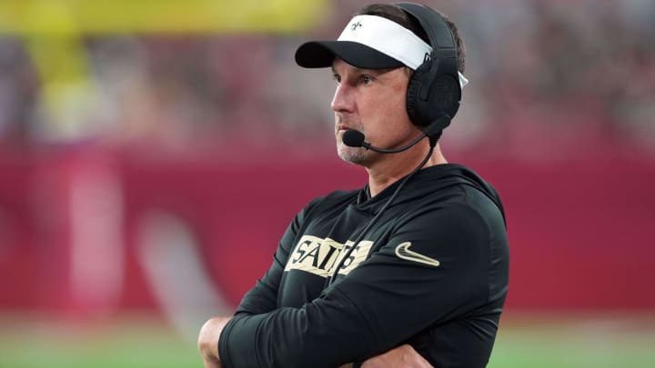 Aug 10, 2024; Glendale, Arizona, USA; New Orleans Saints Dennis Allen looks on against the Arizona Cardinals during the first half at State Farm Stadium. Mandatory Credit: Joe Camporeale-USA TODAY Sports