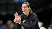 Aug 1, 2025; Dallas, Texas, USA;  Indiana Fever head coach Stephanie White yells to her team during the first half against the Dallas Wings at the American Airlines Center. Mandatory Credit: Jerome Miron-Imagn Images