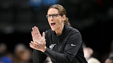 Aug 1, 2025; Dallas, Texas, USA;  Indiana Fever head coach Stephanie White yells to her team during the first half against the Dallas Wings at the American Airlines Center. Mandatory Credit: Jerome Miron-Imagn Images