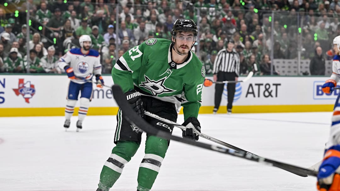 May 29, 2025; Dallas, Texas, USA; Dallas Stars left wing Mason Marchment in action during the game between the Dallas Stars and the Edmonton Oilers in game five of the Western Conference Final of the 2025 Stanley Cup Playoffs at American Airlines Center. 