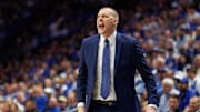 Mar 4, 2025; Lexington, Kentucky, USA; Kentucky Wildcats head coach Mark Pope yells to his players during the first half against the LSU Tigers at Rupp Arena at Central Bank Center. Mandatory Credit: Jordan Prather-Imagn Images