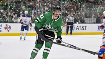 May 29, 2025; Dallas, Texas, USA; Dallas Stars left wing Mason Marchment in action during the game between the Dallas Stars and the Edmonton Oilers in game five of the Western Conference Final of the 2025 Stanley Cup Playoffs at American Airlines Center. 