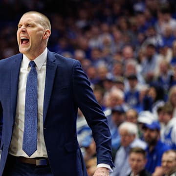 Mar 4, 2025; Lexington, Kentucky, USA; Kentucky Wildcats head coach Mark Pope yells to his players during the first half against the LSU Tigers at Rupp Arena at Central Bank Center. Mandatory Credit: Jordan Prather-Imagn Images