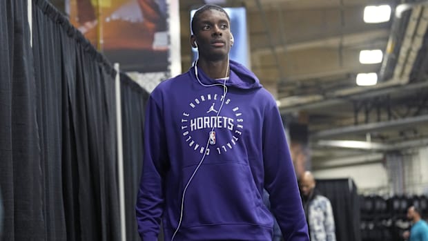 Charlotte Hornets forward Moussa Diabate (14) enters Frost Bank Center before a game against the San Antonio Spurs