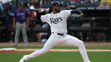 Mar 30, 2025; Tampa, Florida, USA; Tampa Bay Rays starting pitcher Taj Bradley (45) throws a pitch during the first inning against the Colorado Rockies at George M. Steinbrenner Field. Mandatory Credit: Kim Klement Neitzel-Imagn Images
