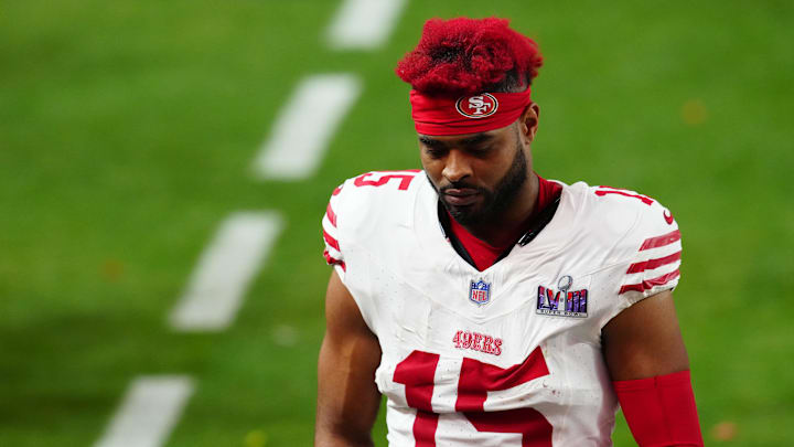 Feb 11, 2024; Paradise, Nevada, USA; San Francisco 49ers wide receiver Jauan Jennings (15) leaves the field after losing to the Kansas City Chiefs during overtime in Super Bowl LVIII at Allegiant Stadium. Mandatory Credit: Stephen R. Sylvanie-Imagn Images
