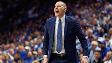 Mar 4, 2025; Lexington, Kentucky, USA; Kentucky Wildcats head coach Mark Pope yells to his players during the first half against the LSU Tigers at Rupp Arena at Central Bank Center. Mandatory Credit: Jordan Prather-Imagn Images