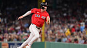Sep 27, 2024; Boston, Massachusetts, USA; Boston Red Sox third baseman Nick Sogard (75) runs to third base during third inning against the Tampa Bay Rays at Fenway Park. Mandatory Credit: Eric Canha-Imagn Images