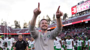 Sep 30, 2023; Stanford, California, USA; Oregon Ducks head coach Dan Lanning celebrates after defeating the Stanford Cardinal at Stanford Stadium. Mandatory Credit: Darren Yamashita-USA TODAY Sports