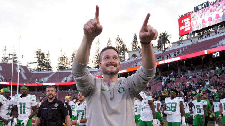 Sep 30, 2023; Stanford, California, USA; Oregon Ducks head coach Dan Lanning celebrates after defeating the Stanford Cardinal at Stanford Stadium.
