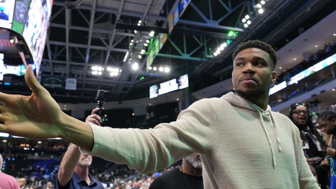 Apr 10, 2026; Milwaukee, Wisconsin, USA;  Milwaukee Bucks forward Giannis Antetokounmpo (34) waves towards fans following the game against the Brooklyn Nets at Fiserv Forum. Mandatory Credit: Jeff Hanisch-Imagn Images