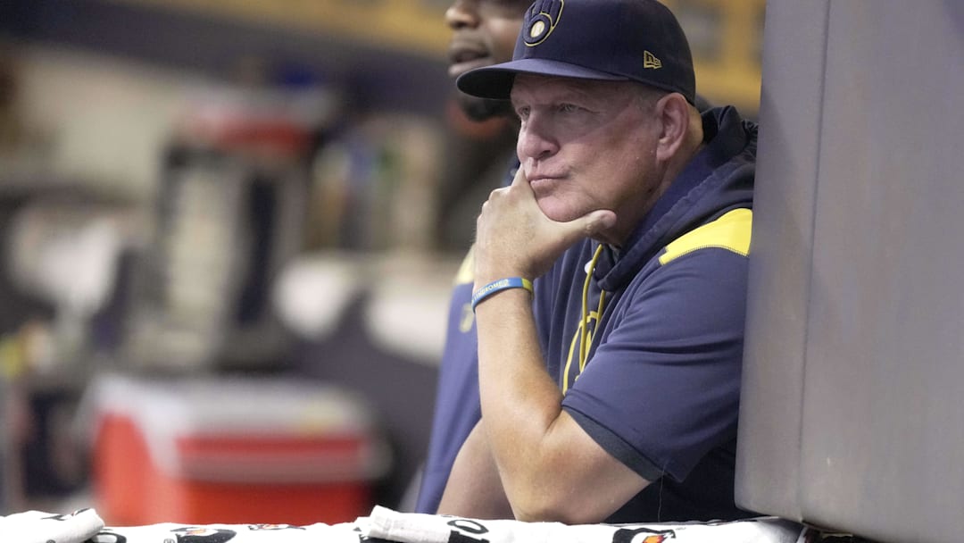 Sep 3, 2025; Milwaukee, Wisconsin, USA; Milwaukee Brewers manager Pat Murphy is shown during the first inning of their game against the Philadelphia Phillies at American Family Field. Mandatory Credit: Mark Hoffman-USA TODAY Network via Imagn Images