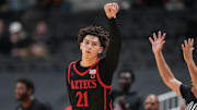 Dec 21, 2024; San Jose, California, USA; San Diego State Aztecs guard Miles Byrd (21) gestures after making a three point basket against the California Golden Bears during the second half at SAP Center.