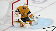Adin Hill makes a save against the Maple Leafs.