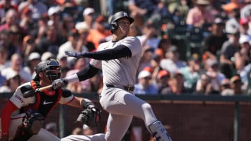 Jun 2, 2024; San Francisco, California, USA; New York Yankees right fielder Juan Soto (22) hits a home run against the San Francisco Giants during the ninth inning at Oracle Park. Mandatory Credit: Darren Yamashita-USA TODAY Sports