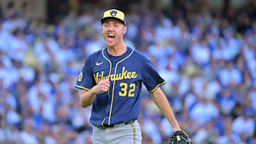 Oct 16, 2025; Los Angeles, California, USA; Milwaukee Brewers pitcher Jacob Misiorowski (32) reacts in the fourth inning against the Los Angeles Dodgers during game three of the NLCS round for the 2025 MLB playoffs at Dodger Stadium. Mandatory Credit: Jayne Kamin-Oncea-Imagn Images