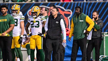 Nov 17, 2024; Chicago, Illinois, USA; Green Bay Packers head coach Matt LaFleur looks on against the Chicago Bears during the second quarter at Soldier Field. Mandatory Credit: Daniel Bartel-Imagn Images