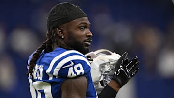 Jan 5, 2025; Indianapolis, Indiana, USA; Indianapolis Colts safety Ronnie Harrison Jr. (48) stands on the field before the game against the Jacksonville Jaguars at Lucas Oil Stadium. Mandatory Credit: Marc Lebryk-Imagn Images