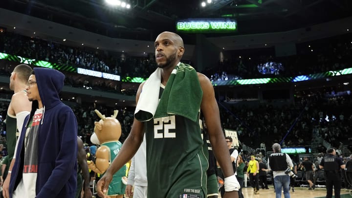 Apr 30, 2024; Milwaukee, Wisconsin, USA;  Milwaukee Bucks forward Khris Middleton (22) walks off the court following the game against the Indiana Pacers during game five of the first round for the 2024 NBA playoffs at Fiserv Forum. Mandatory Credit: Jeff Hanisch-USA TODAY Sports