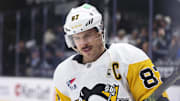 Jan 29, 2025; Salt Lake City, Utah, USA; Pittsburgh Penguins center Sidney Crosby (87) warms up before a game against the before the game against the Utah Hockey Club at Delta Center. Mandatory Credit: Rob Gray-Imagn Images