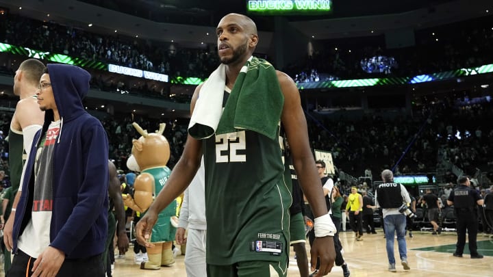 Apr 30, 2024; Milwaukee, Wisconsin, USA;  Milwaukee Bucks forward Khris Middleton (22) walks off the court following the game against the Indiana Pacers during game five of the first round for the 2024 NBA playoffs at Fiserv Forum. Mandatory Credit: Jeff Hanisch-USA TODAY Sports