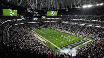 Dec 16, 2024; Paradise, Nevada, USA; A general overall view of Allegiant Stadium during the game between the Atlanta Falcons and the Las Vegas Raiders. Mandatory Credit: Kirby Lee-Imagn Images