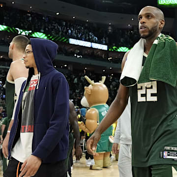 Milwaukee Bucks forward Khris Middleton (22) walks off the court following the game against the Indiana Pacers during game five of the first round for the 2024 NBA playoffs at Fiserv Forum. 