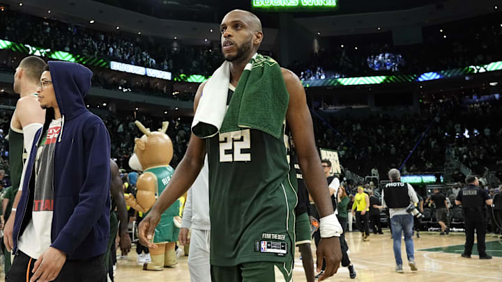 Milwaukee Bucks forward Khris Middleton (22) walks off the court following the game against the Indiana Pacers during game five of the first round for the 2024 NBA playoffs at Fiserv Forum. 