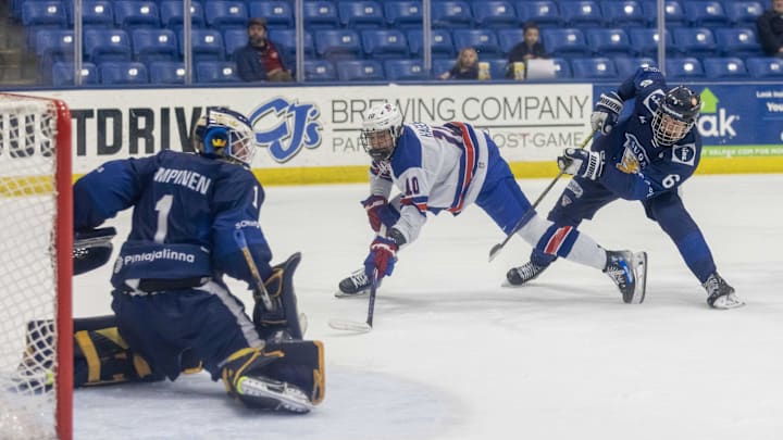 Feb 7, 2024; Plymouth, MI, USA; Finland's Petteri Rimpinen (1)  reacts to a shot as Niilopekka Muhonen (6) defends against USA s James Hagens (10) during the second period of the 2024 U18 s Five Nations Tournament at USA Hockey Arena. Mandatory Credit: David Reginek-Imagn Images
