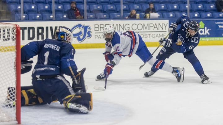 Feb 7, 2024; Plymouth, MI, USA; Finland's Petteri Rimpinen (1)  reacts to a shot as Niilopekka Muhonen (6) defends against USA s James Hagens (10) during the second period of the 2024 U18 s Five Nations Tournament at USA Hockey Arena. Mandatory Credit: David Reginek-Imagn Images
